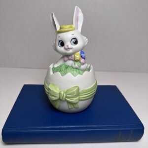 Vintage Anthropomorphic Bunny  Easter Egg Hatching Trinket Box Lefton # 02581